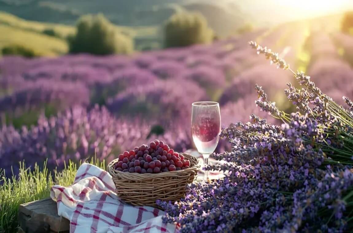 Пікнік на траві поруч із лавандовим полем, кошик, вино