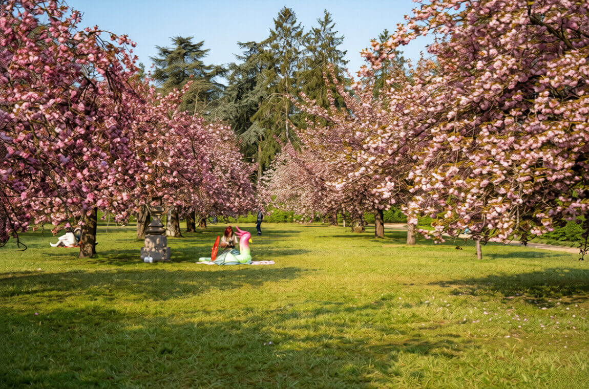Естетичний пікнік під квітучою сакурою: плед, кошик, кава