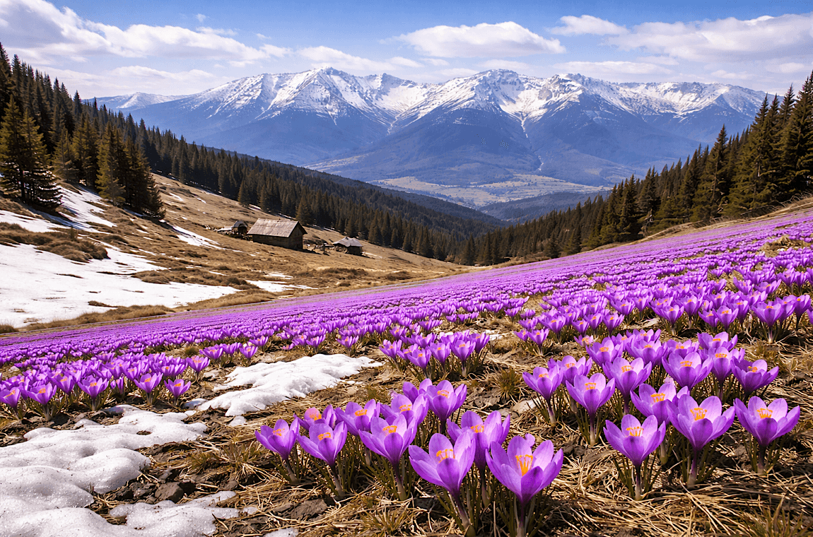 Картинка цветенеи крокусов на горе Драгобрат 